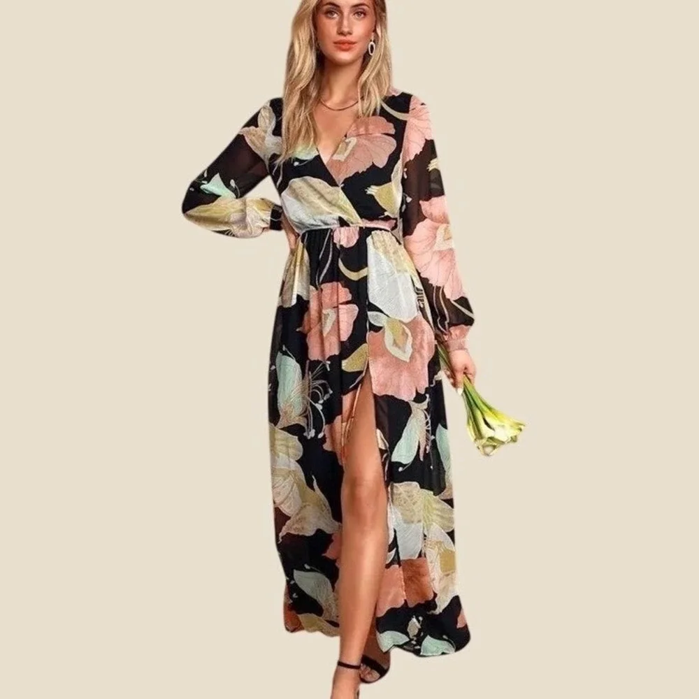 Lulus Black Floral Chiffon Water Lily Maxi Dress Old Hollywood Glam Whimsigoth S